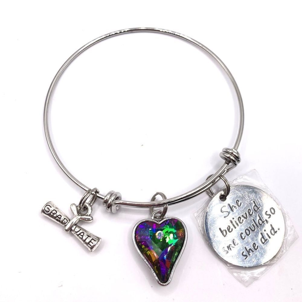 Silver Charm Bangel Bracelet Graduation Heart Message Charm Bangle Bracelet
